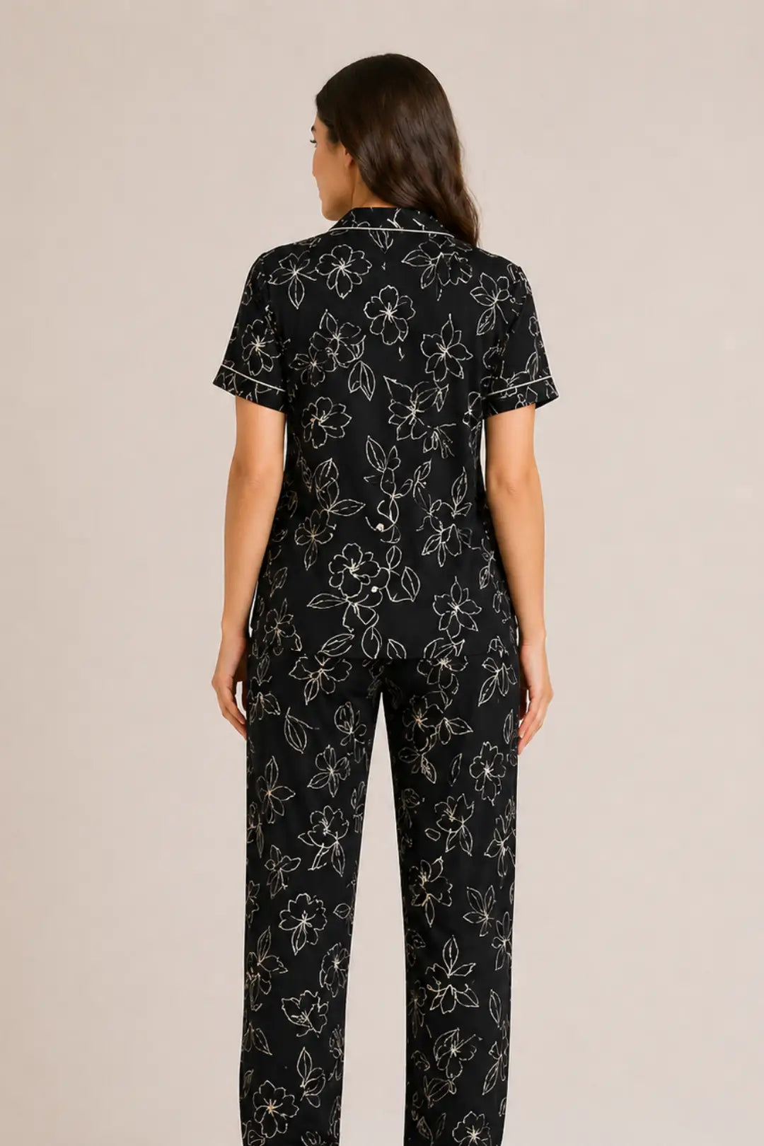 Black Petals Poplim Cotton Pyjama Sets