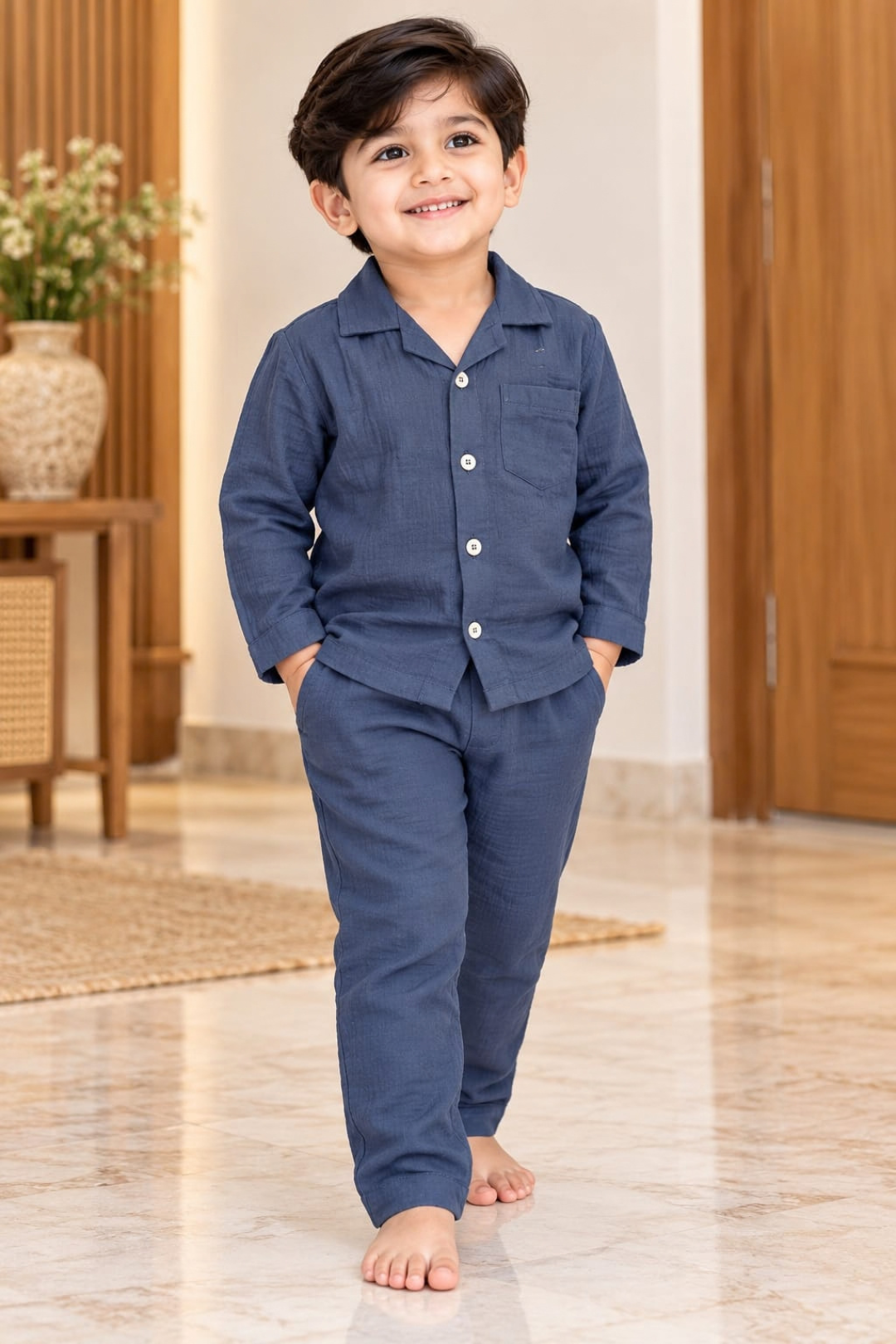 Plain Navy Blue Full Sleeves Pyjama Sets