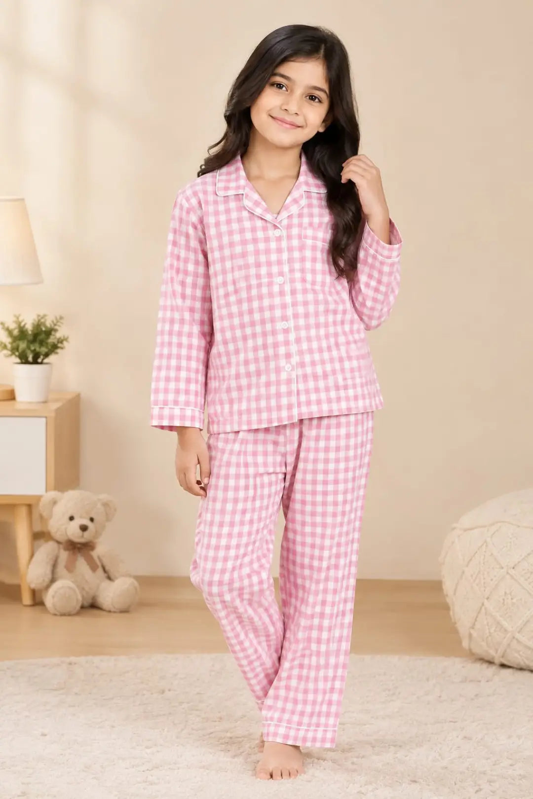 Pink Squares Full Sleeves Pyjama Sets