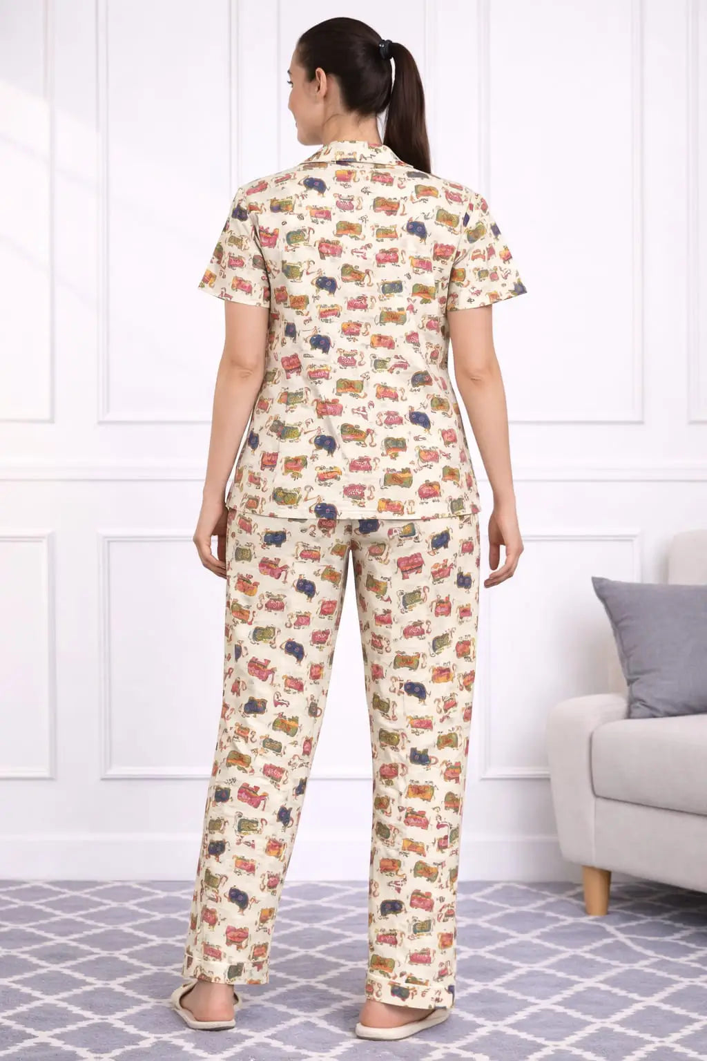 Cream Colourful Elephant Pyjama sets Pure Cotton