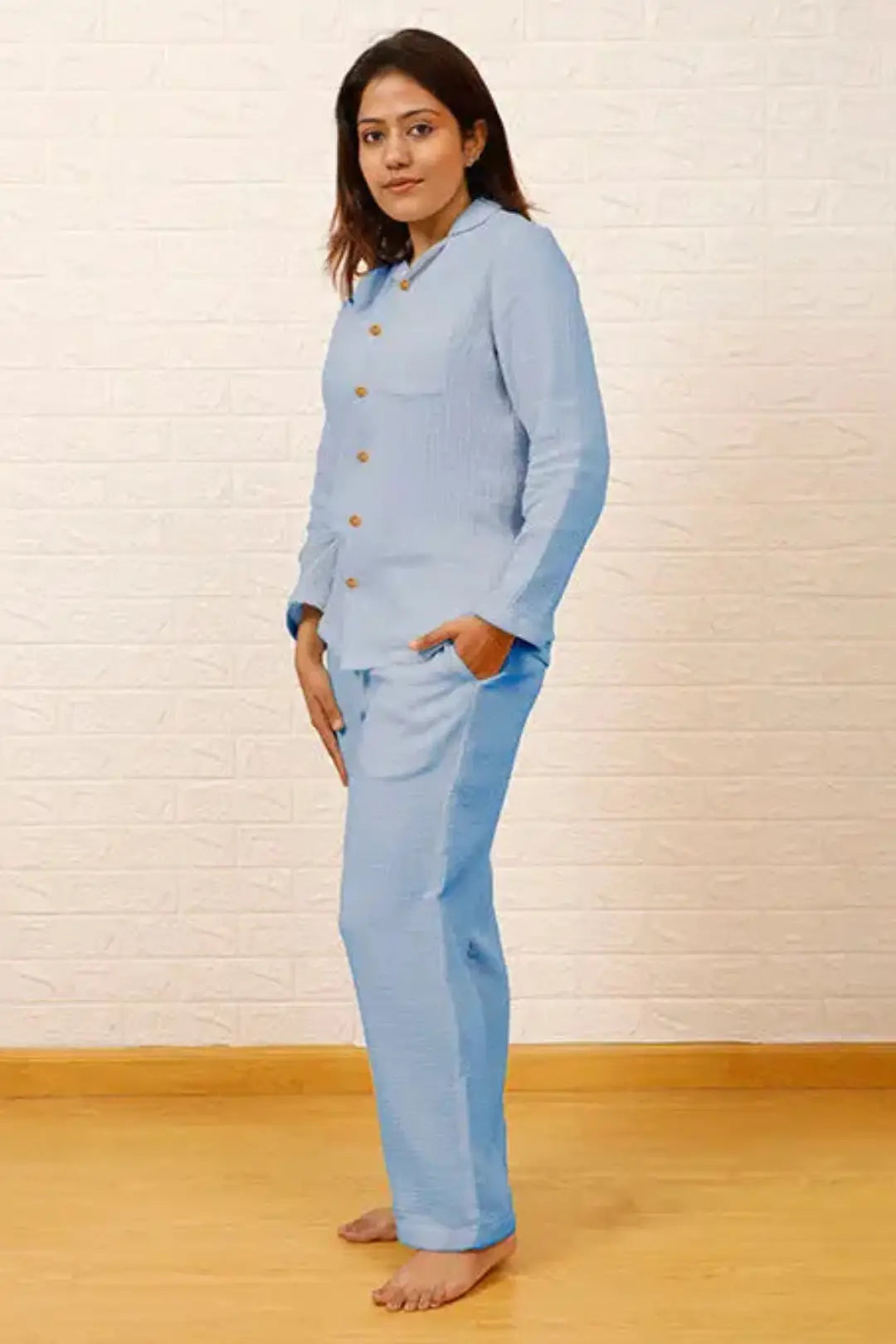 Sky Blue Muslin Cotton Pyjama Set