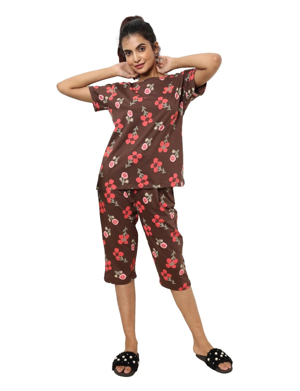 Brown Cotton Capri Nightwear Set
