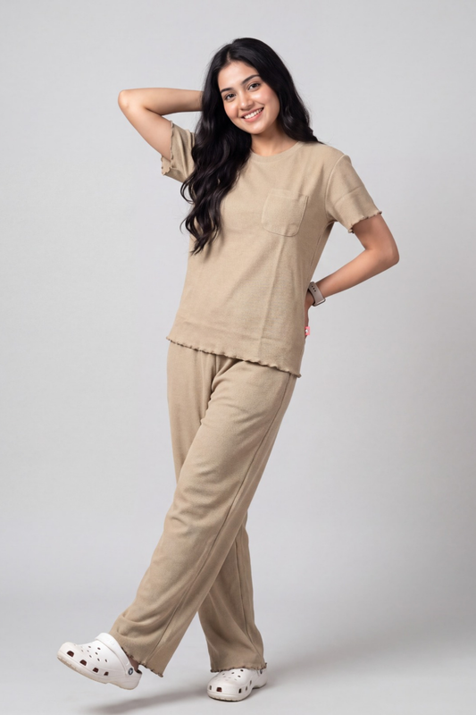 Beige Ruffles Cotton Pyjama Set