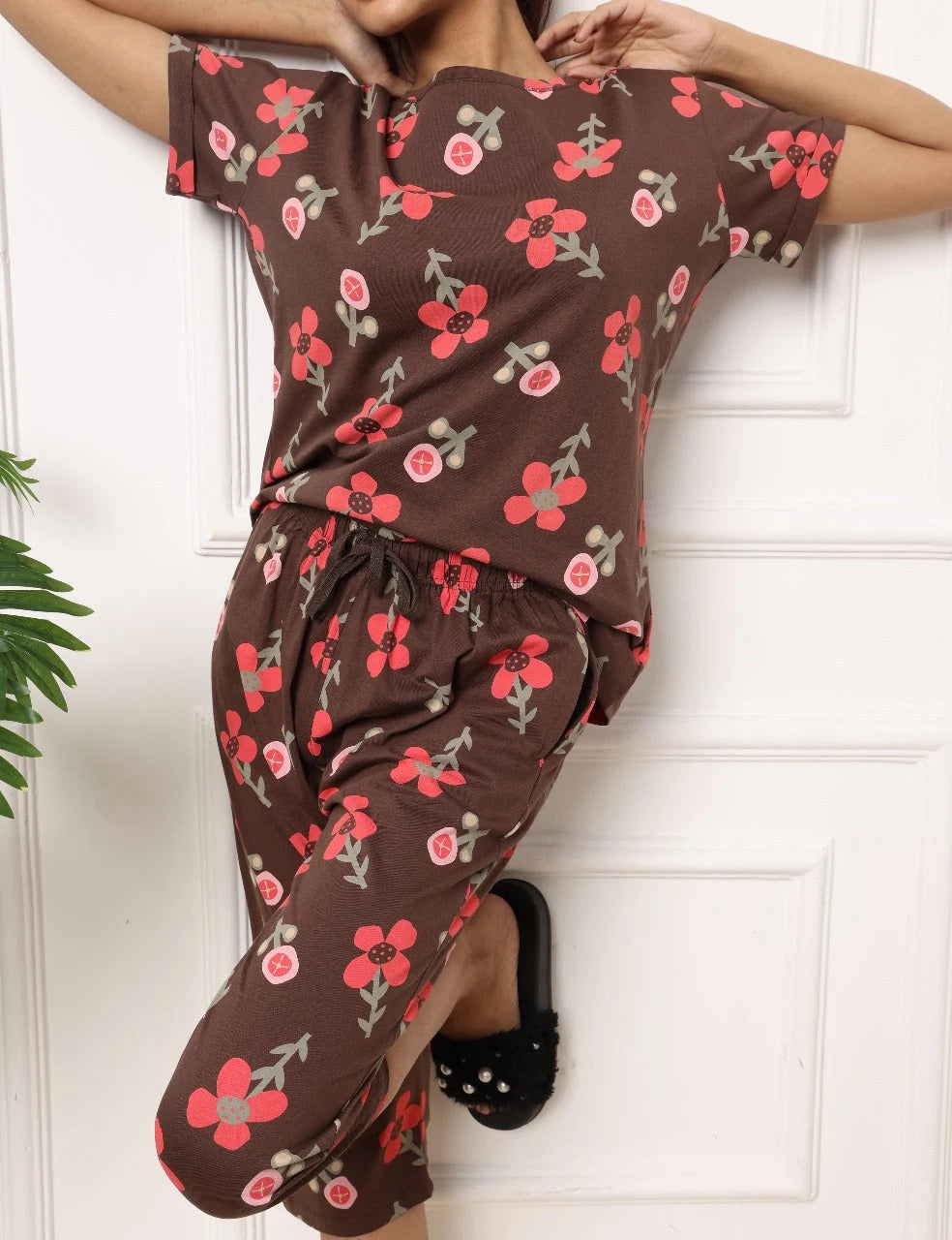 Brown Cotton Capri Nightwear Set