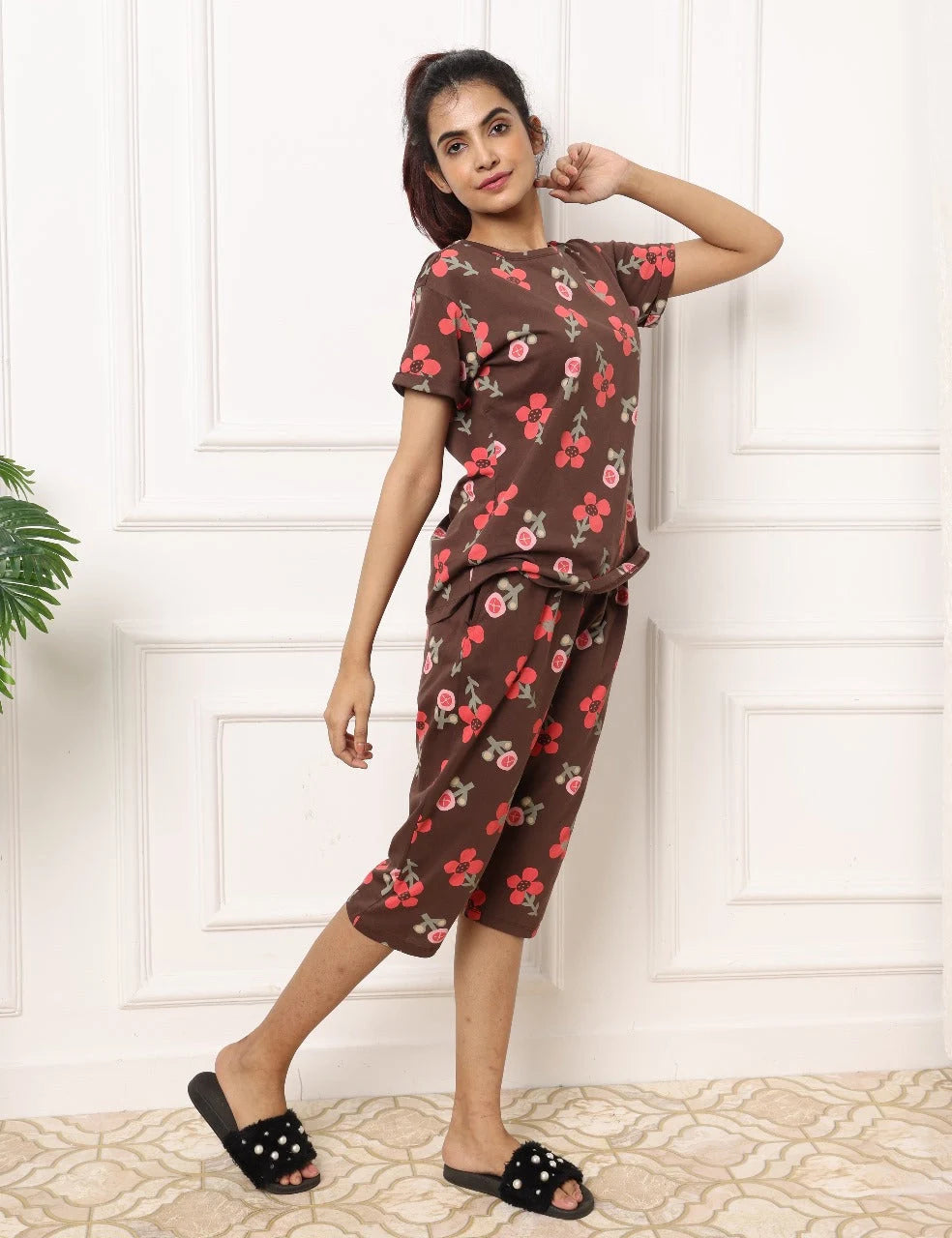 Brown Cotton Capri Nightwear Set