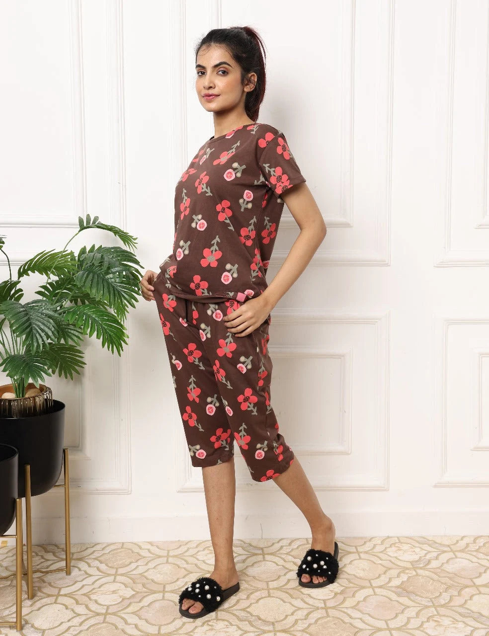 Brown Cotton Capri Nightwear Set