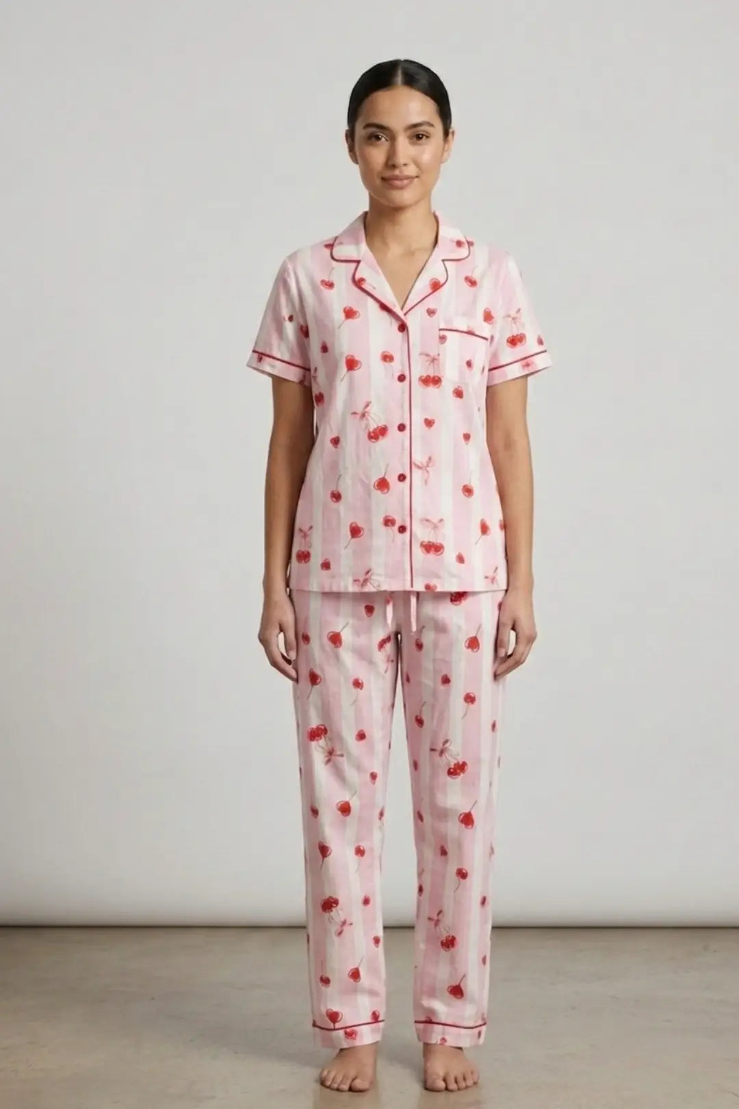 Pink White Cherry Linen Pyjama Sets Cotton