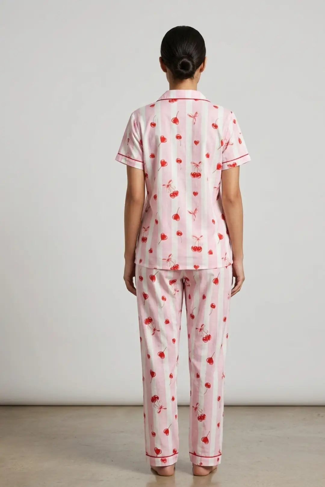 Pink White Cherry Linen Pyjama Sets Cotton