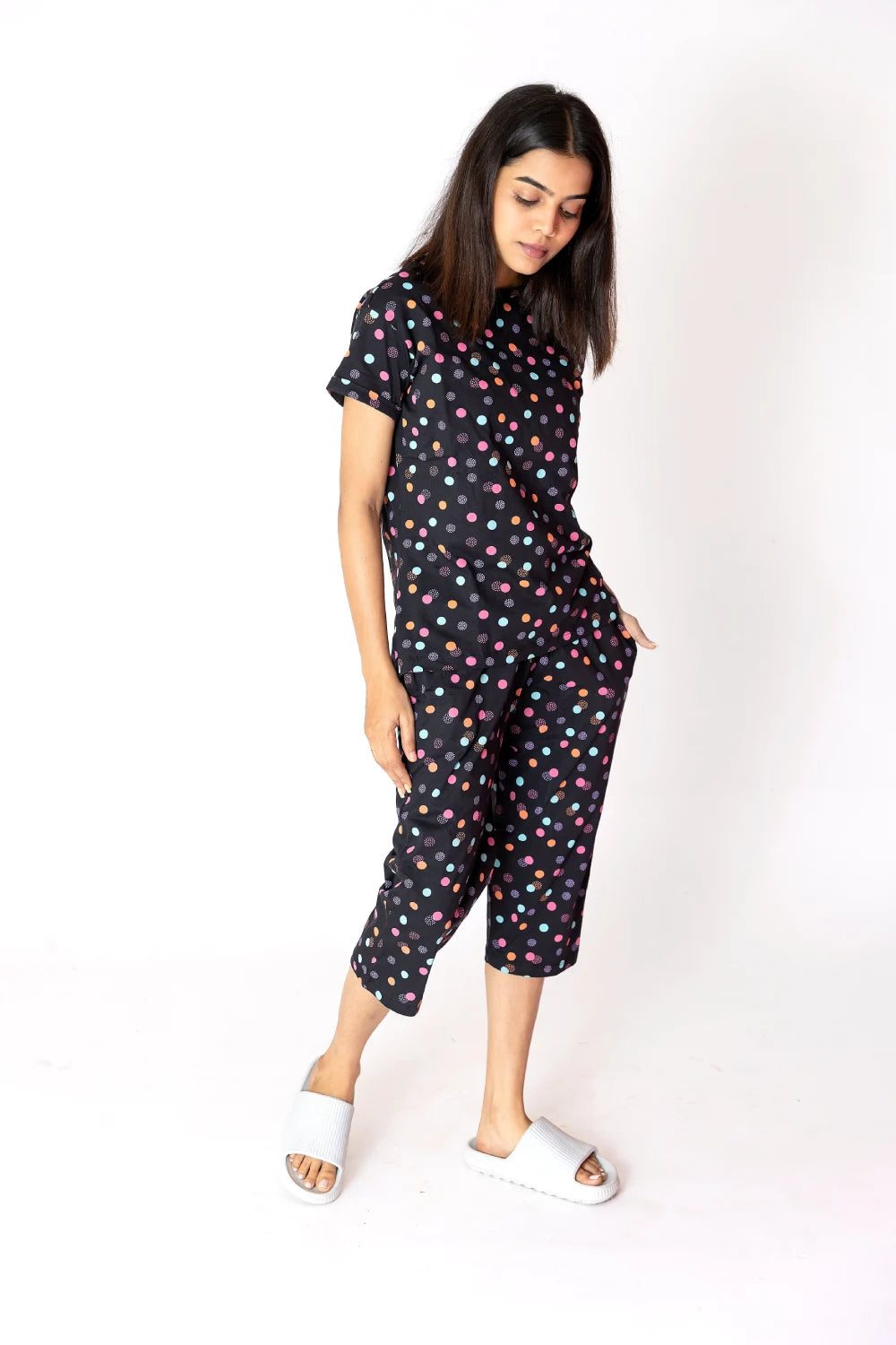 Black polka  Circles Cotton Capri Nightwear Set