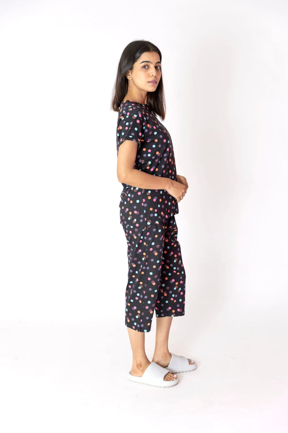 Black polka  Circles Cotton Capri Nightwear Set