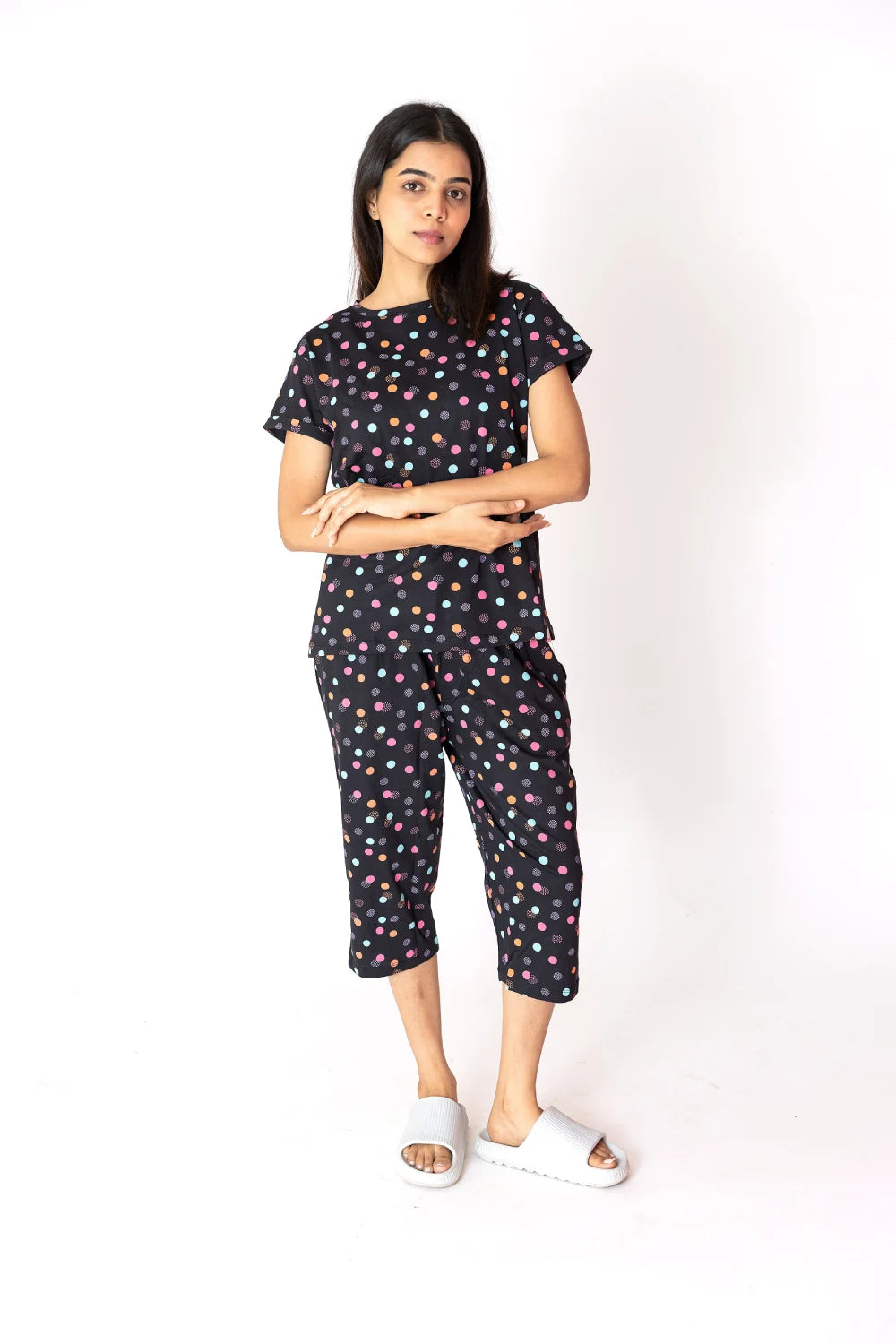 Black polka  Circles Cotton Capri Nightwear Set