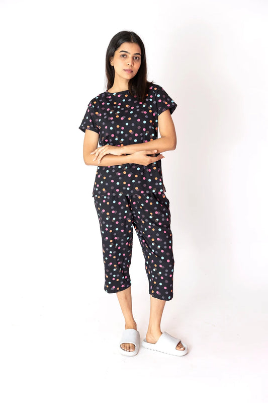 Black polka  Circles Cotton Capri Nightwear Set