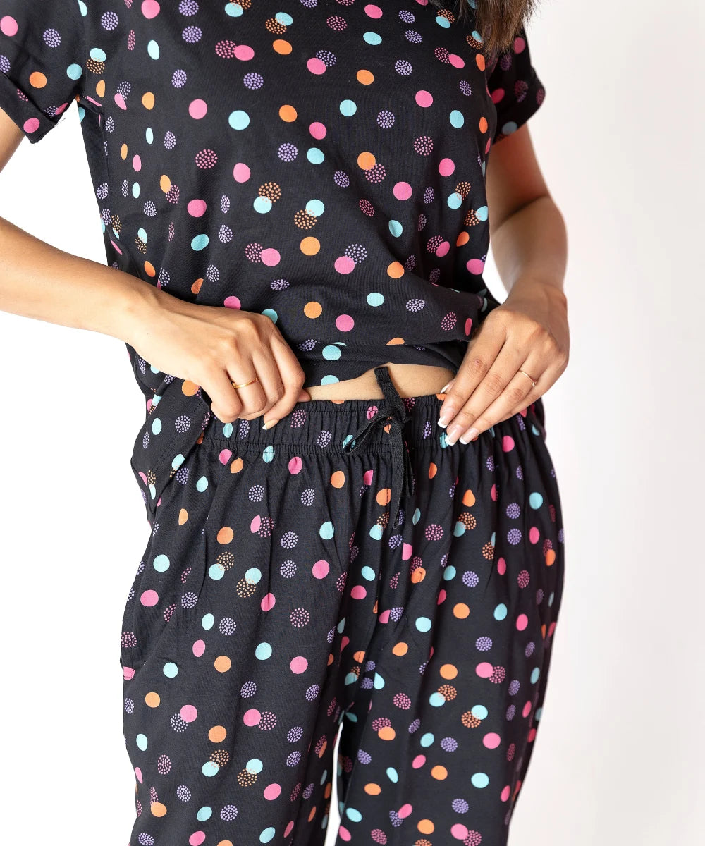 Black polka  Circles Cotton Capri Nightwear Set