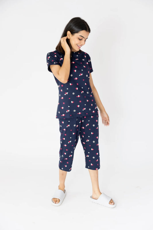Dark Blue  Cotton Capri Nightwear Set