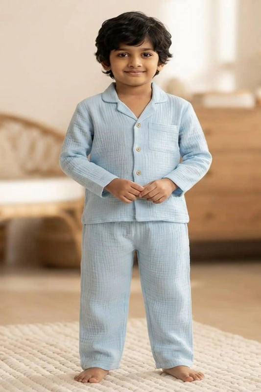 Sky Blue Muslin Cotton Pyjama Set