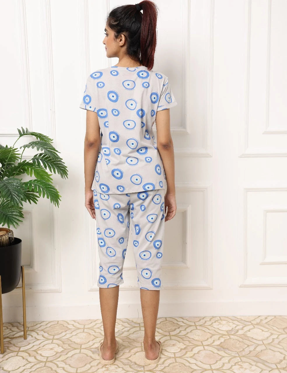Light Grey Evil Eye Blue  Cotton Capri Nightwear Set