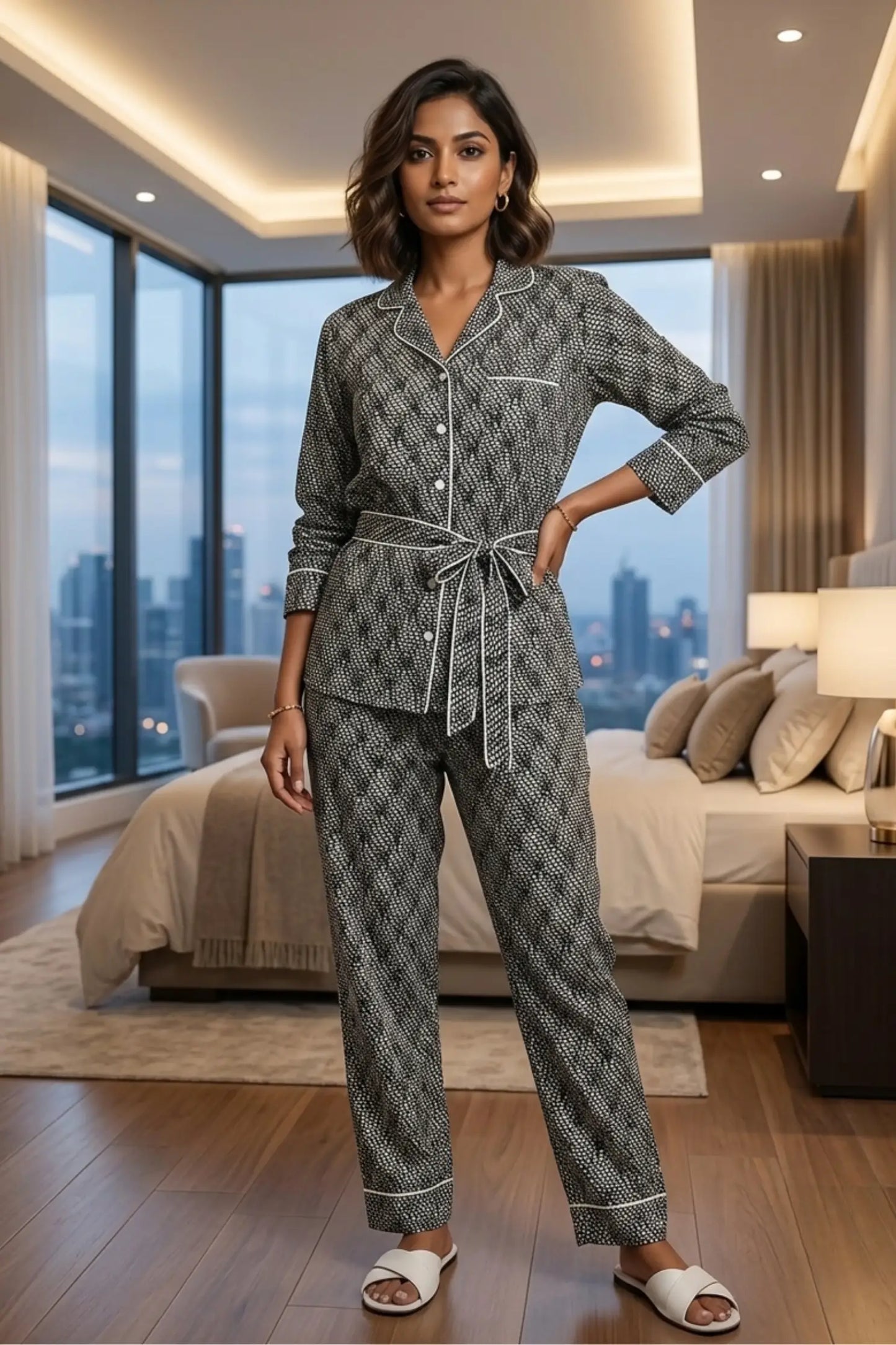 Black Dots Full Pant With Belt Satin Cotton