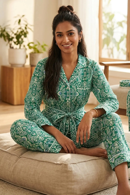 Green Dots Full Pant With Bealt Satin Cotton