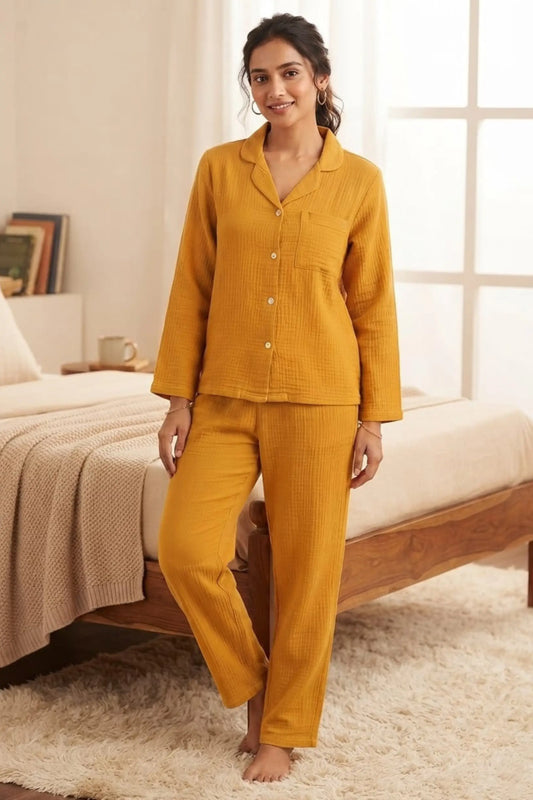 Mustard Muslin Cotton Pyjama Set