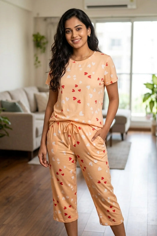Orange Peach Cotton Capri Nightwear Set