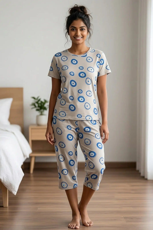 Light Grey Evil Eye Blue  Cotton Capri Nightwear Set