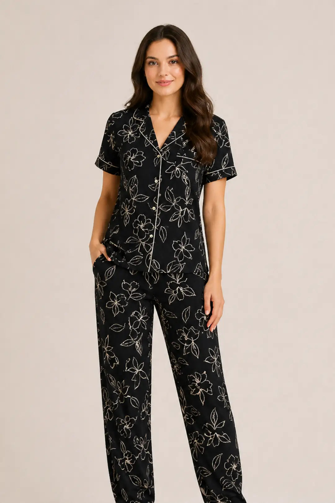 Black  Petals Poplim  Cotton Pyjama Sets