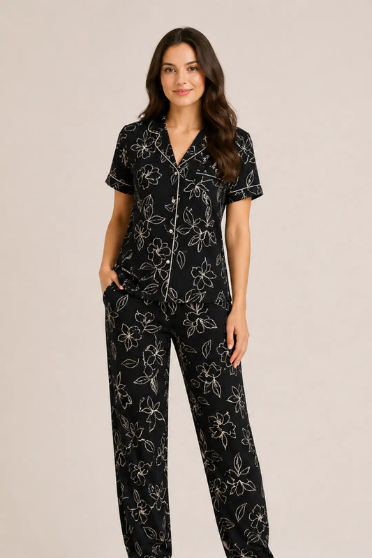 Black  Petals Poplim  Cotton Pyjama Sets
