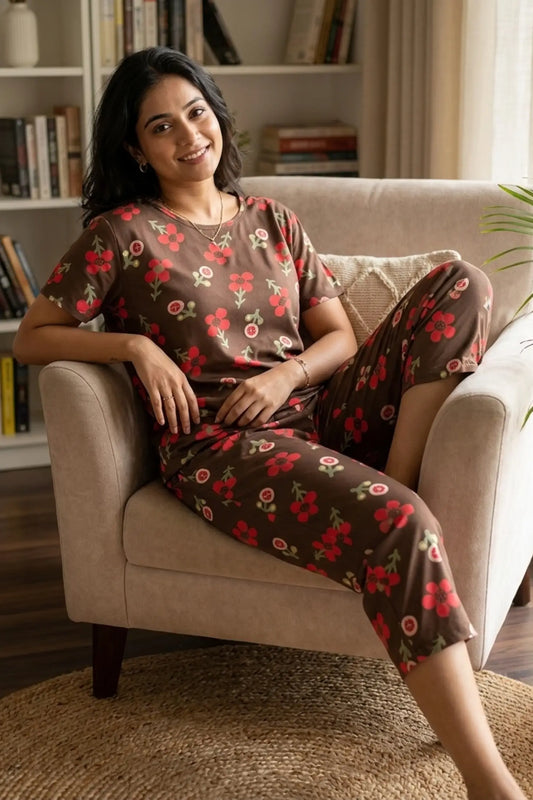 Brown Cotton Capri Nightwear Set