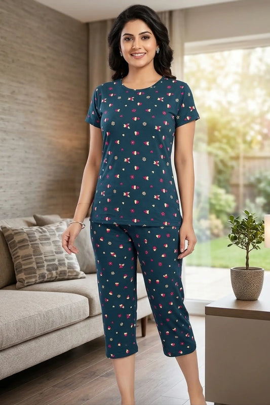 Dark Blue  Cotton Capri Nightwear Set