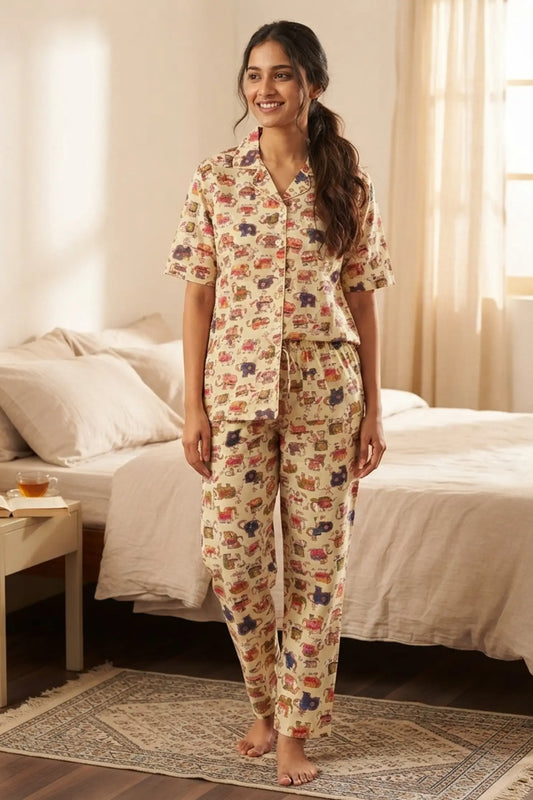 Cream Colourful Elephant  Pyjama sets Pure Cotton
