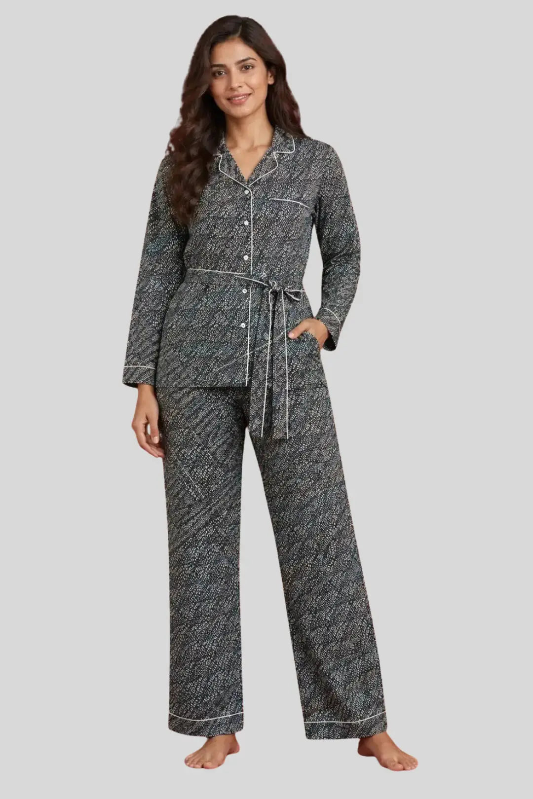 Black Dots Full Pant With Belt Satin Cotton