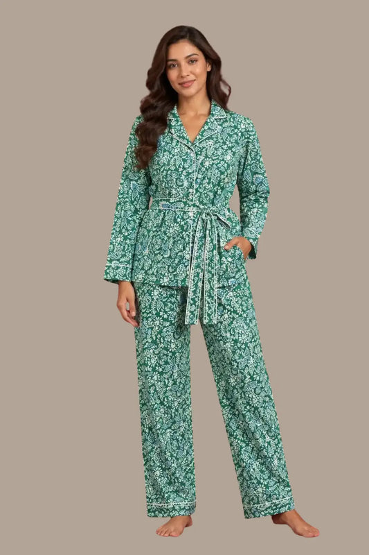 Green Dots Full Pant With Bealt Satin Cotton