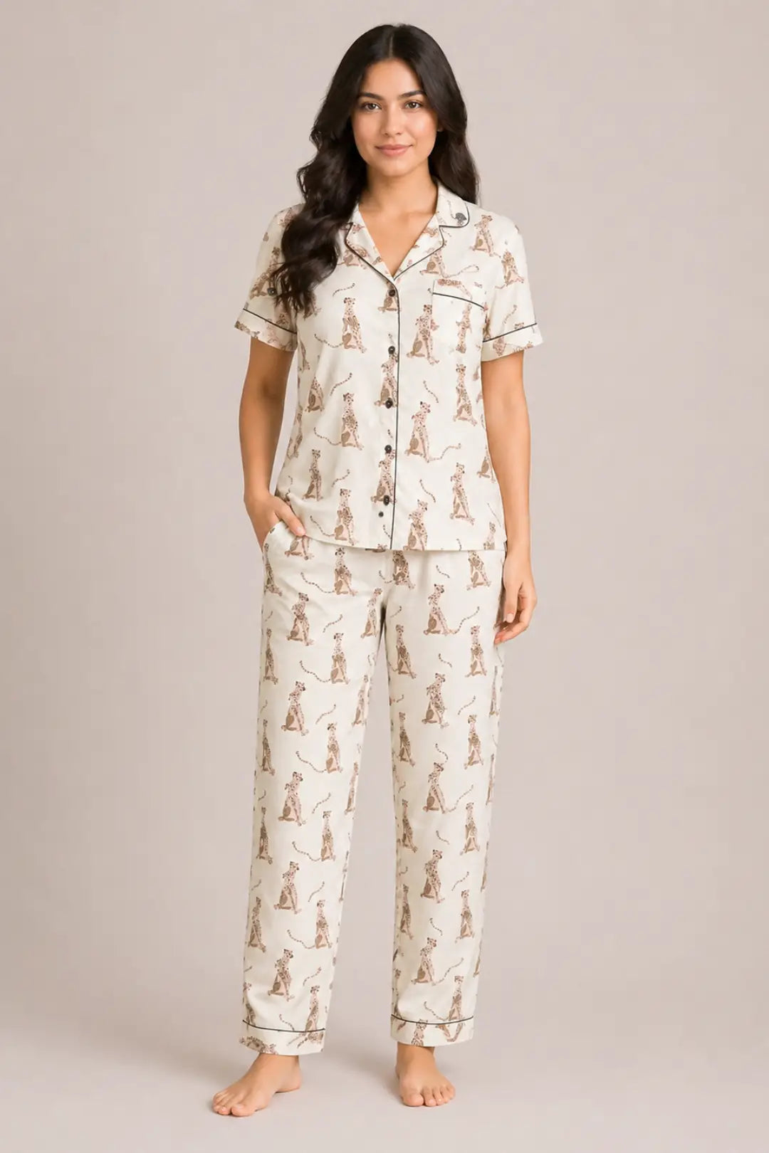 Cream Cheetah Poplim Cotton Pyjama Sets
