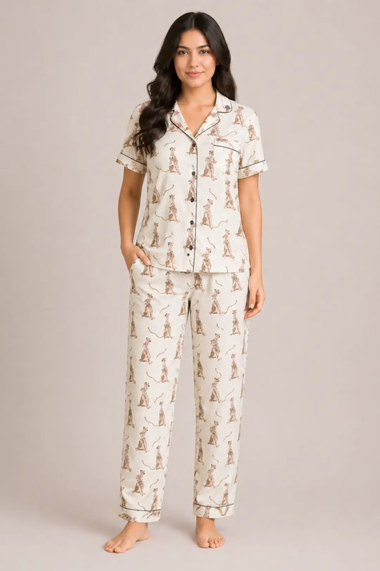 Cream Cheetah Poplim Cotton Pyjama Sets