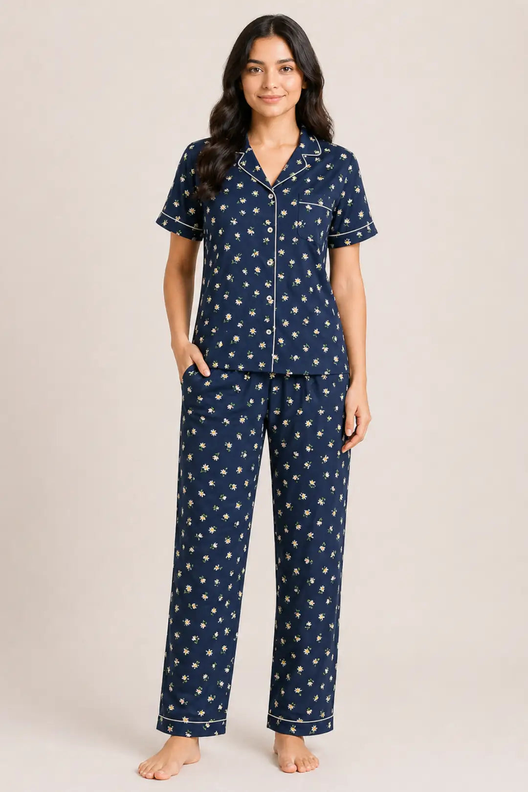 Persion Navy Blue Small Flowers Linen Cotton