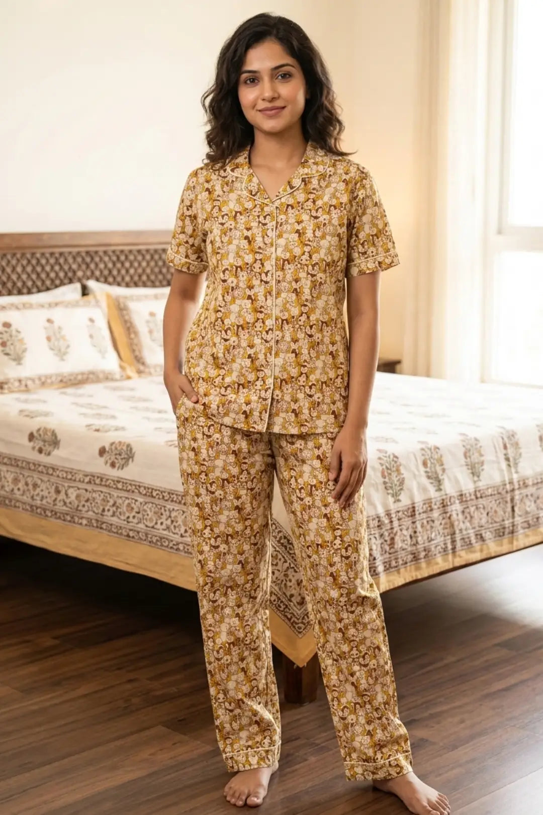 Mustard Yellow Animals Pyjama sets Pure Cotton