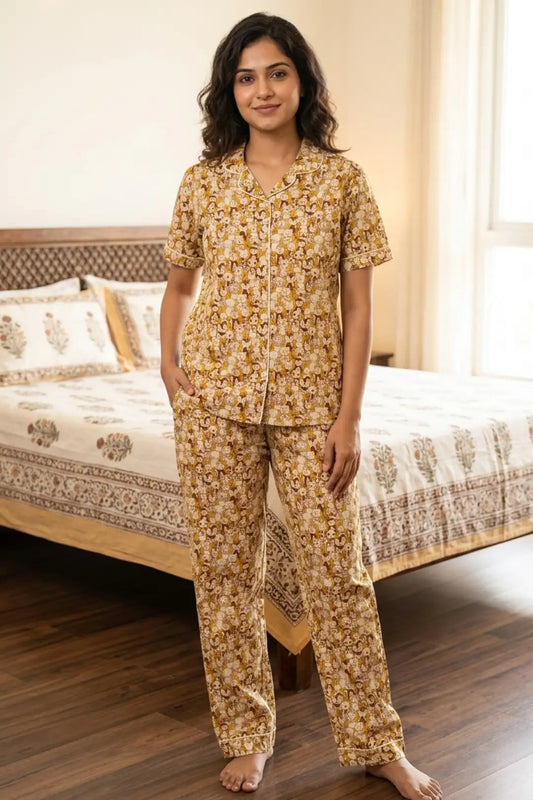 Mustard Yellow Animals Pyjama sets Pure Cotton