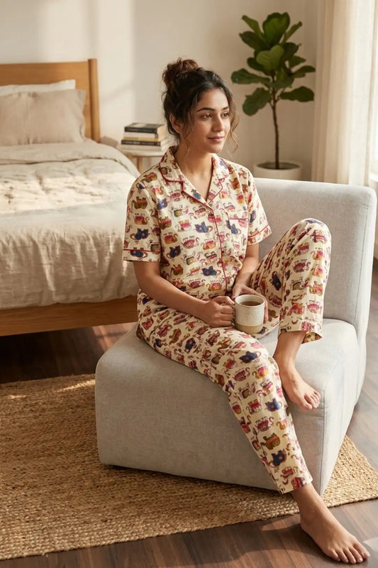 Cream Colourful Elephant  Pyjama sets Pure Cotton