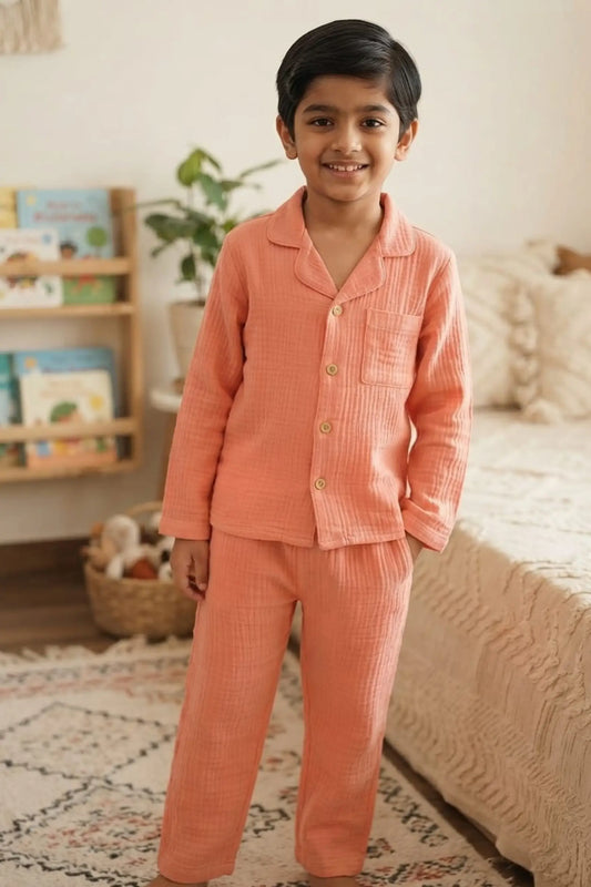 Coral Orange Muslin Cotton Pyjama Set