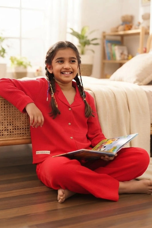 Red Muslin Cotton Pyjama Set