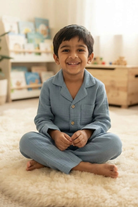 Steel Blue Muslin Cotton Pyjama Sets