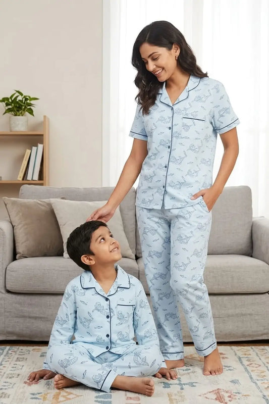 Blue Mermaid Linen Cotton Twining Pyjama Sets
