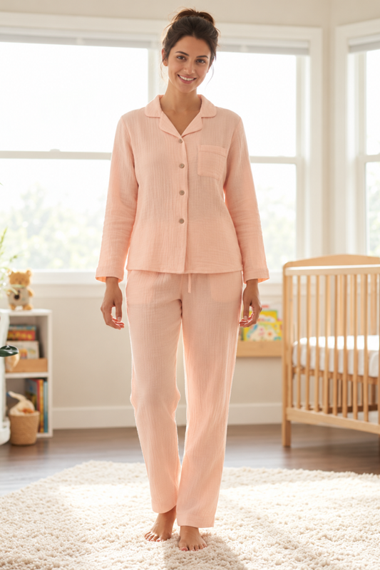 Peach Pink Muslin Cotton Pyjama Set