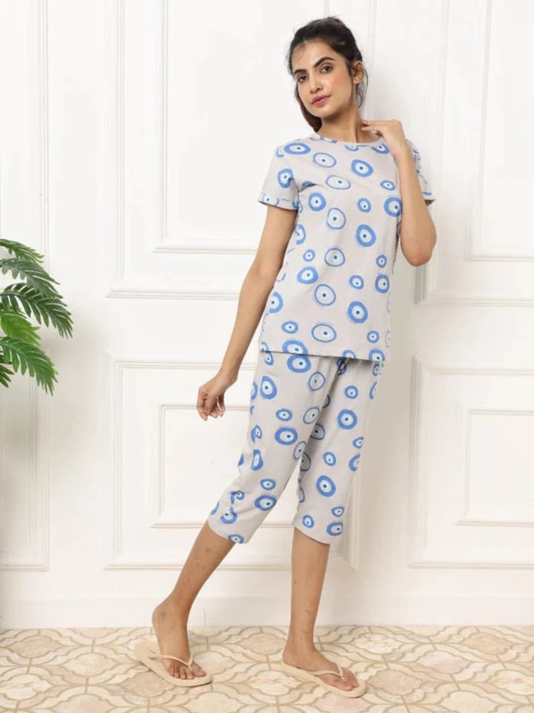 Light Grey Evil Eye Blue  Cotton Capri Nightwear Set