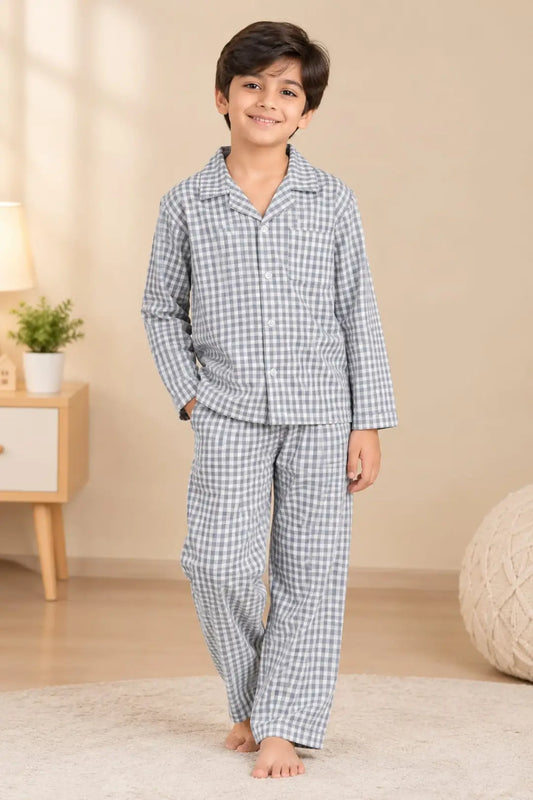 Grey Squares Full Sleeves Pyjama Sets