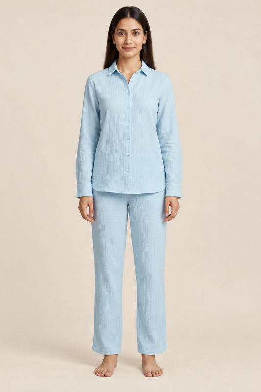 Sky Blue Muslin Cotton Pyjama Set