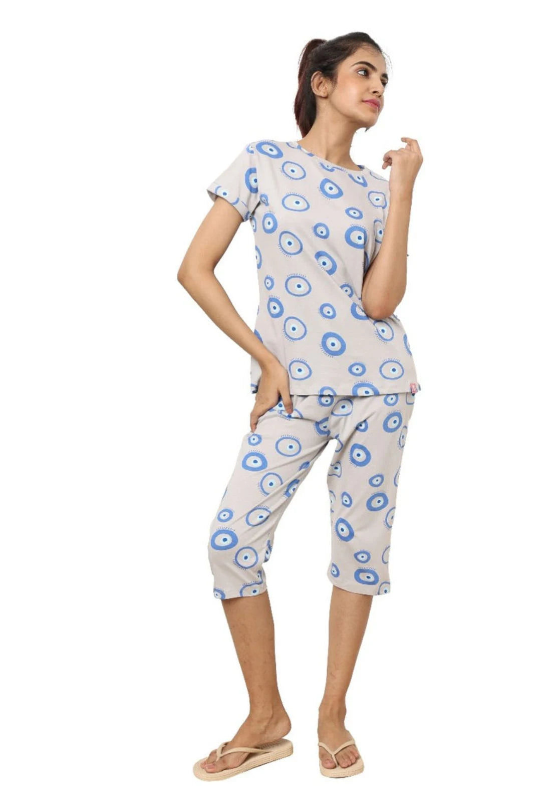 Light Grey Evil Eye Blue  Cotton Capri Nightwear Set
