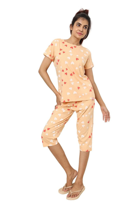 Orange Peach Cotton Capri Nightwear Set