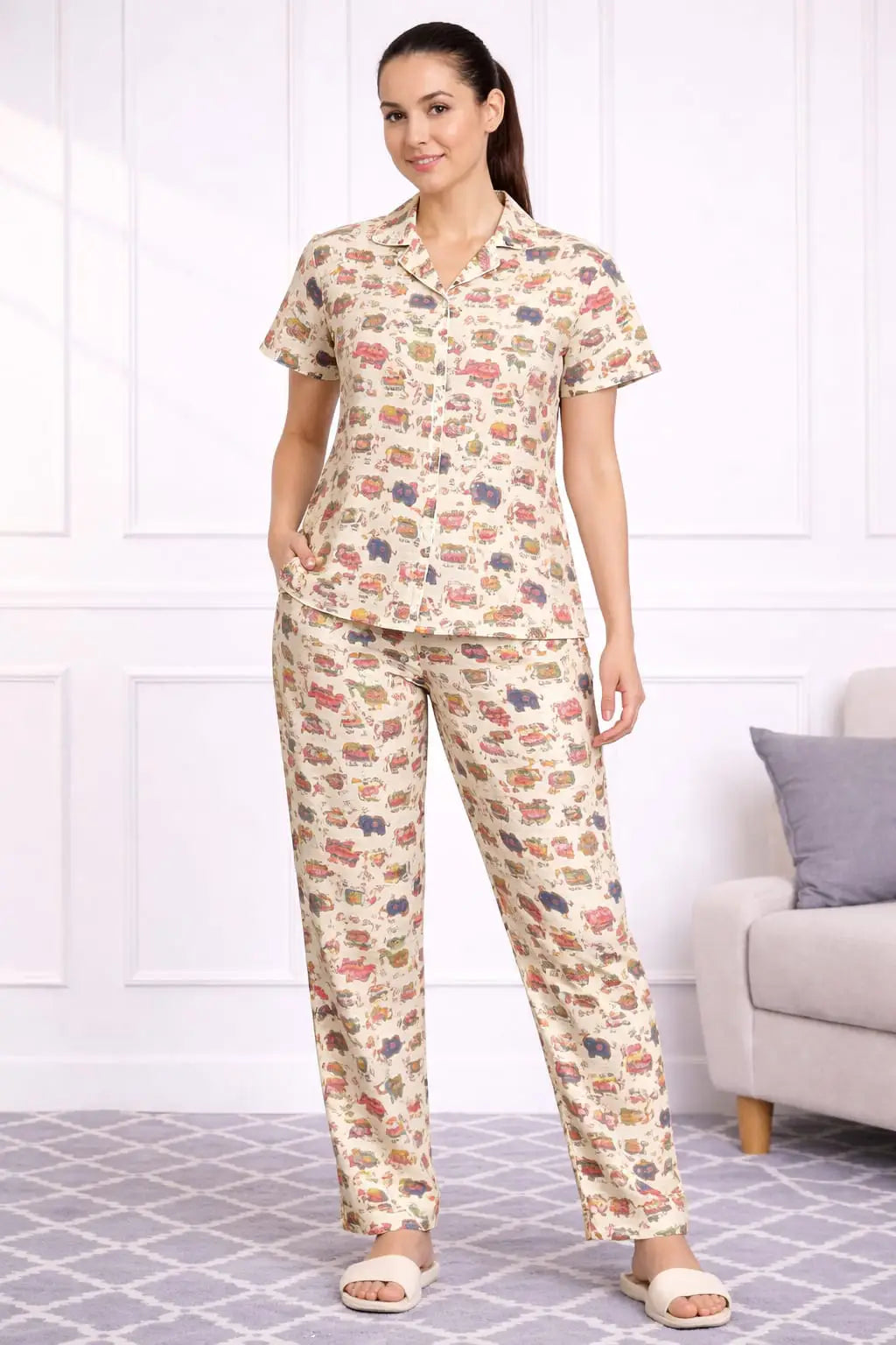 Cream Colourful Elephant  Pyjama sets Pure Cotton