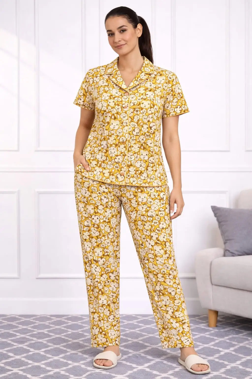 Mustard Yellow Animals Pyjama sets Pure Cotton